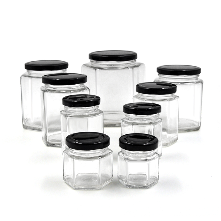Discount wholesale  Apothecary Candle Jars  - 45ml 85ml 100ml 180ml 280ml 380ml 500ml Hexagonal Clear Glass Food Jar With Lug Lid Cui Can Glass
